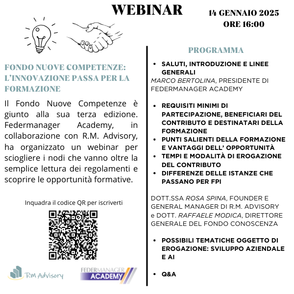 Partecipa al nuovo Bando Fondo Nuove Competenze 2025:  ti aspettiamo il 14 Gennaio con un webinar di presentazione!